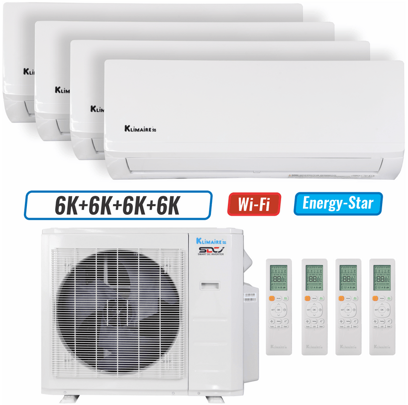 Klimaire 26,000 BTU 4-Zone Wall Mounted Mini Split Heat Pump | 23 SEER2 | 6k + 6k + 6k + 6k | R454B