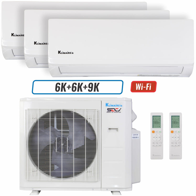 Klimaire 18,000 BTU 3-Zone Wall Mounted Mini Split Heat Pump | 23 SEER2 | 6k + 6k + 9k | R454B