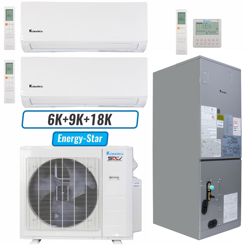 Klimaire 27,400 BTU 3-Zone Wall Mount - Air Handler Mini Split Heat Pump | 20 SEER2 | 6k + 9k + 18k | R454B