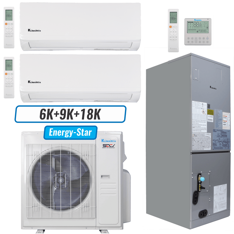 Klimaire 36,000 BTU 3-Zone Wall Mount - Air Handler Mini Split Heat Pump | 20.45 SEER2 | 6k + 9k + 18k | R454B