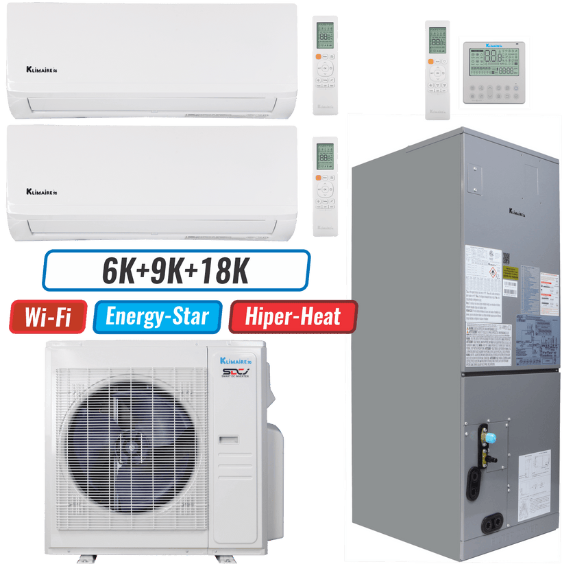 Klimaire 36,000 BTU 3-Zone Hyper Heat Wall Mount - Air Handler Mini Split Heat Pump | 20.45 SEER2 | 6k + 9k + 18k | R454B