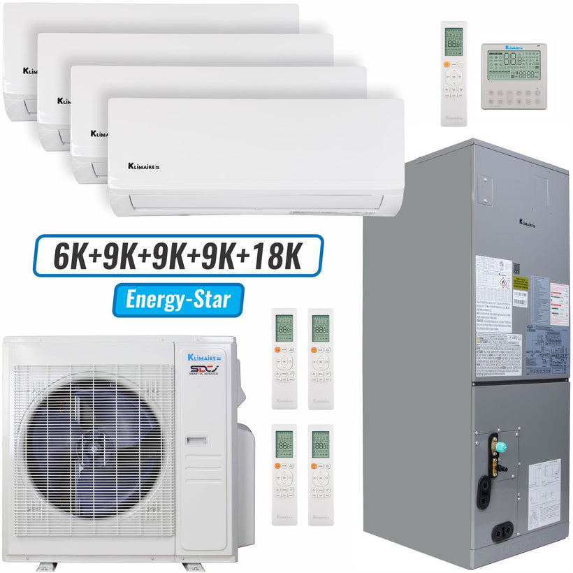 Klimaire 36,000 BTU 5-Zone Wall Mount - Air Handler Mini Split Heat Pump | 20.45 SEER2 | 6k + 9k + 9k + 9k + 18k | R454B