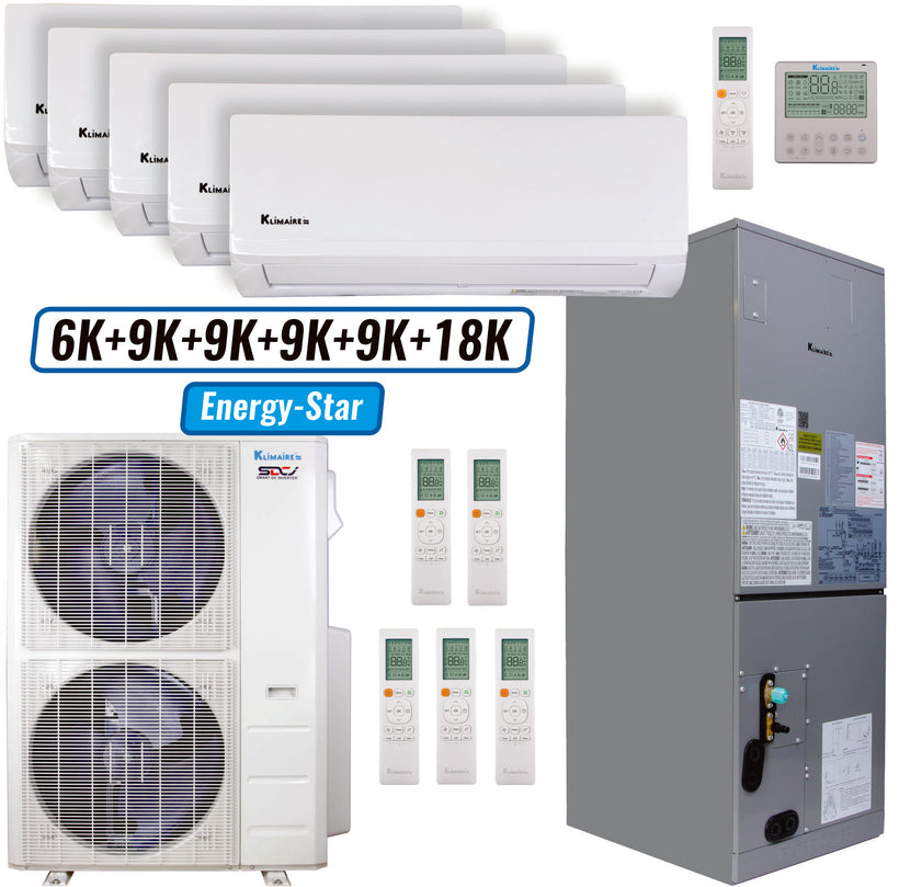 Klimaire 46,000 BTU 6-Zone Wall Mount - Air Handler Mini Split Heat Pump | 20.8 SEER2 | 6k + 9k + 9k + 9k + 9k + 18k | R454B