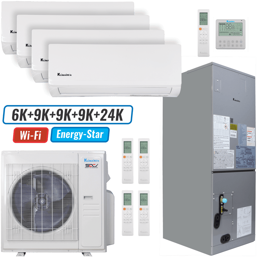 Klimaire 60,000 BTU 5-Zone Wall Mount - Air Handler Mini split Heat Pump | 20.7 SEER2 | 6k + 9k + 9k + 9k + 24k | R454B