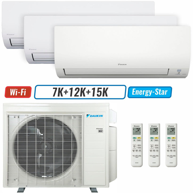 3 - Zone - 24,000 BTU 21 SEER2 Daikin MXM Series Wall Mounted Ductless Mini Split Heat Pump Air Conditioner System 7K + 12K + 15K - 230V | R32 | Wi-Fi Enabled