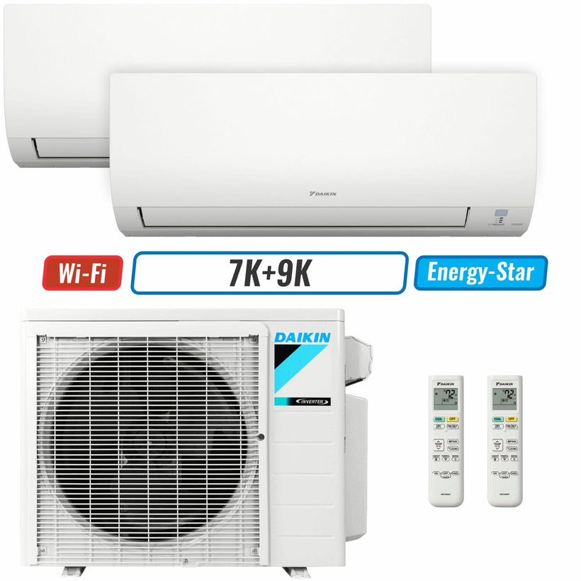 2 - Zone - 18,000 BTU 21 SEER2 Daikin MXM Series Wall Mounted Ductless Mini Split Heat Pump Air Conditioner System 7K + 9K - 230V | R32 | Wi-Fi Enabled