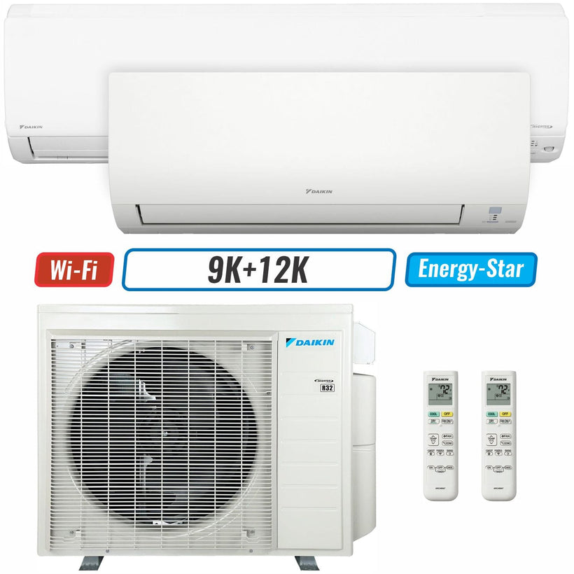 2 - Zone - 18,000 BTU 21 SEER2 Daikin MXM Series Wall Mounted Ductless Mini Split Heat Pump Air Conditioner System 9K + 12K - 230V | R32 | Wi-Fi Enabled