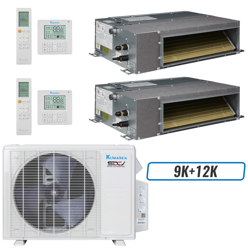 Klimaire 18,000 BTU 2-Zone Ceiling Ducted Mini Split Heat Pump | 20 SEER2 | 9k + 12k | R454B