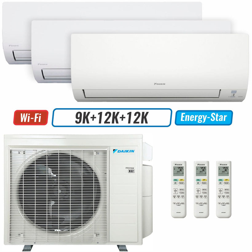 3 - Zone - 24,000 BTU 21 SEER2 Daikin MXM Series Wall Mounted Ductless Mini Split Heat Pump Air Conditioner System 9K + 12K + 12K - 230V | R32 | Wi-Fi Enabled