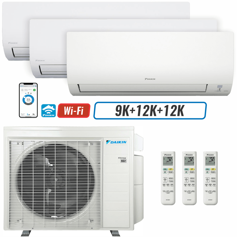 3 - Zone - 36,000 BTU 20 SEER2 Daikin MXM Series Wall Mounted Ductless Mini Split Heat Pump Air Conditioner System 9K + 12K + 12K - 230V | R32 | Wi-Fi Enabled