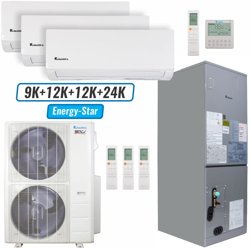 Klimaire 46,000 BTU 4-Zone Wall Mount - Air Handler Mini Split Heat Pump | 20.8 SEER2 | 9k + 12k + 12k + 24k | R454B