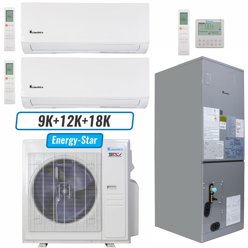 Klimaire 36,000 BTU 3-Zone Wall Mount - Air Handler Mini Split Heat Pump | 20.45 SEER2 | 9k + 12k + 18k | R454B