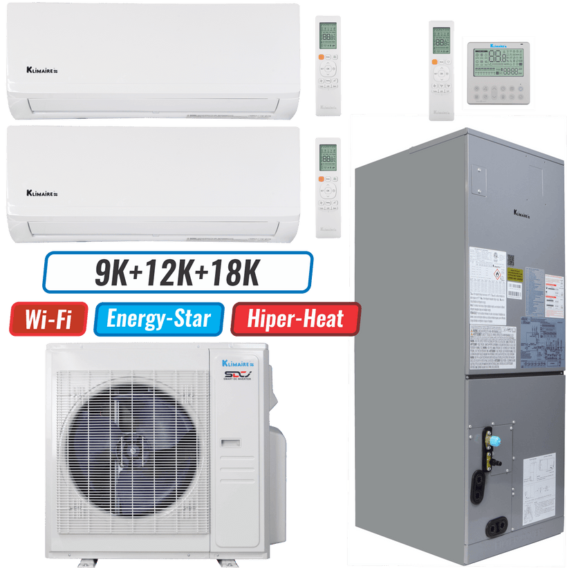 Klimaire 36,000 BTU 3-Zone Hyper Heat Wall Mount - Air Handler Mini Split Heat Pump | 20.45 SEER2 | 9k + 12k + 18k | R454B