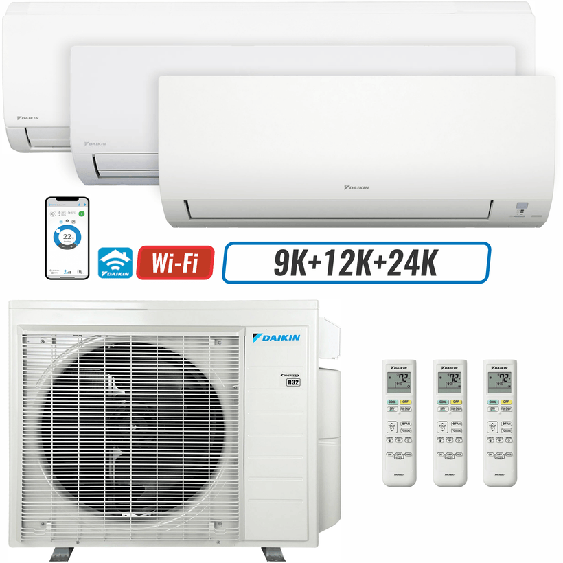 3 - Zone - 36,000 BTU 20 SEER2 Daikin MXM Series Wall Mounted Ductless Mini Split Heat Pump Air Conditioner System 9K + 12K + 24K - 230V | R32 | Wi-Fi Enabled