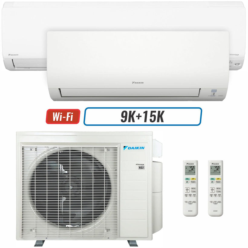 2 - Zone - 36,000 BTU 20 SEER2 Daikin MXM Series Wall Mounted Ductless Mini Split Heat Pump Air Conditioner System 9K + 15K - 230V | R32 | Wi-Fi Enabled