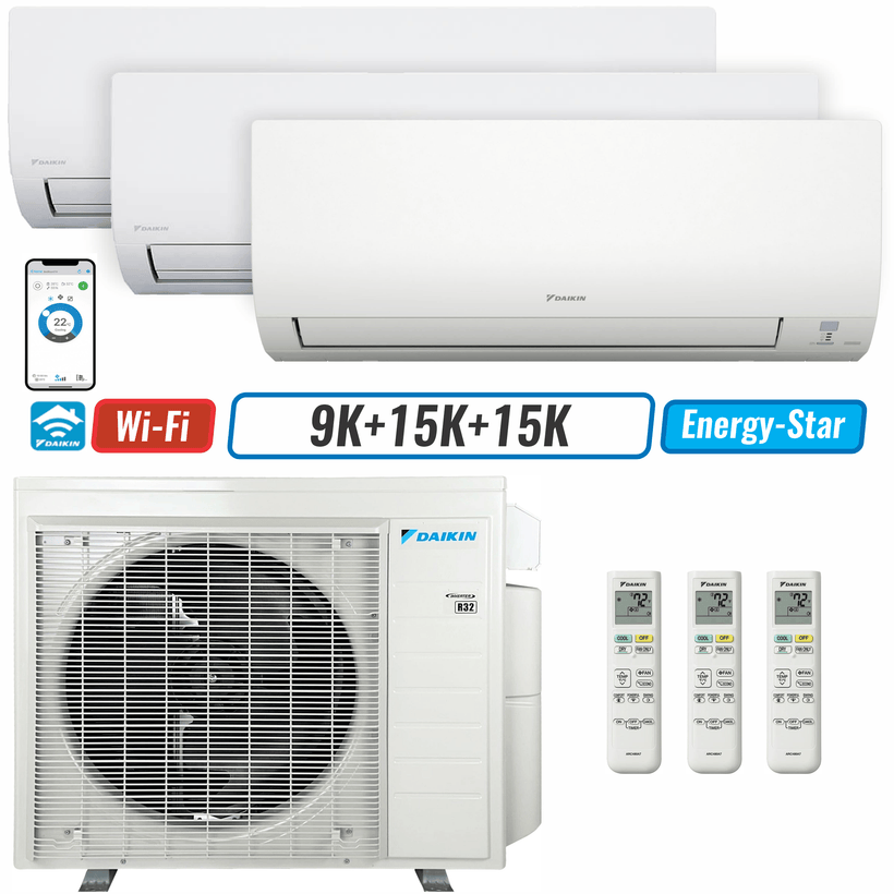 3 - Zone - 24,000 BTU 21 SEER2 Daikin MXM Series Wall Mounted Ductless Mini Split Heat Pump Air Conditioner System 9K + 15K + 15K - 230V | R32 | Wi-Fi Enabled
