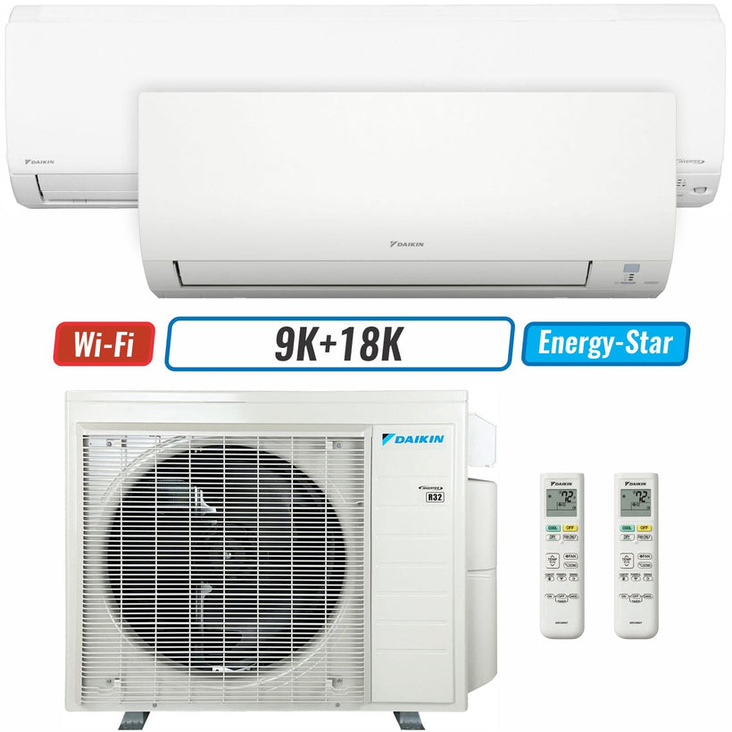 2 - Zone - 24,000 BTU 21 SEER2 Daikin MXM Series Wall Mounted Ductless Mini Split Heat Pump Air Conditioner System 9K + 18K - 230V | R32 | Wi-Fi Enabled