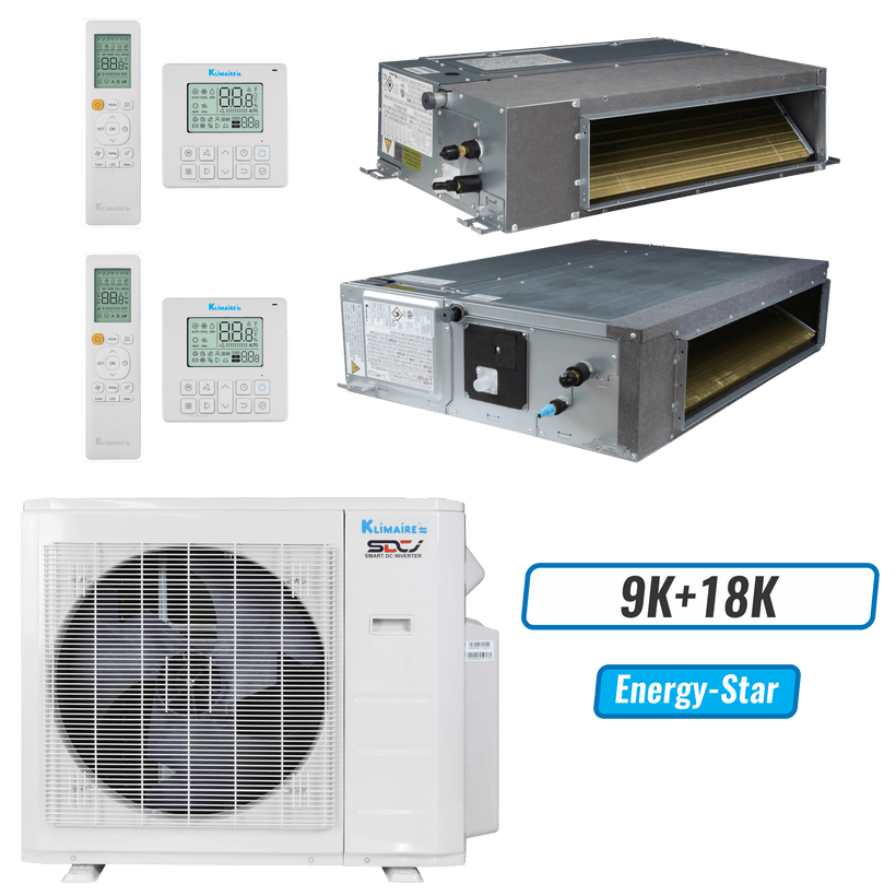 Klimaire 27,000 BTU 2-Zone Ceiling Ducted Mini Split Heat Pump | 20.4 SEER2 | 9k + 18k | R454B