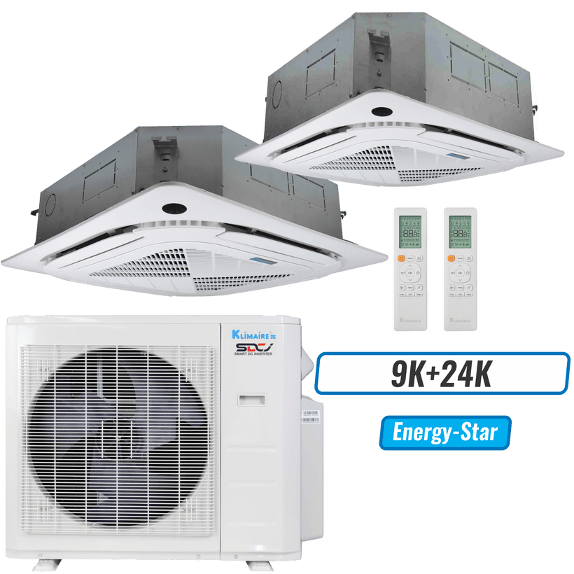 Klimaire 27,000 BTU 2-Zone Ceiling Cassette Mini Split Heat Pump | 23 SEER2 | 9k + 24k | R454B