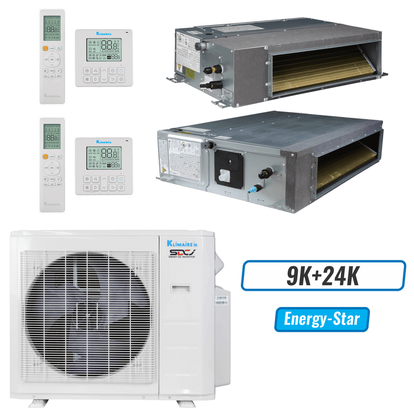 Klimaire 27,000 BTU 2-Zone Ceiling Ducted Mini Split Heat Pump | 20.4 SEER2 | 9k + 24k | R454B