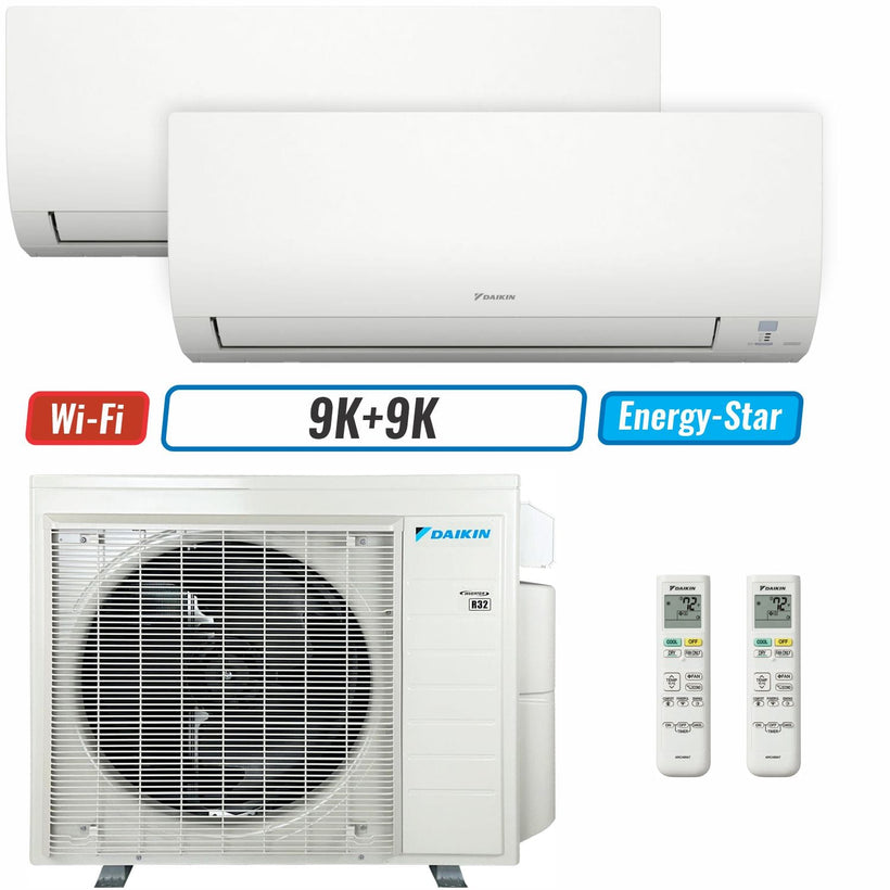2 - Zone - 24,000 BTU 21 SEER2 Daikin MXM Series Wall Mounted Ductless Mini Split Heat Pump Air Conditioner System 9K + 9K - 230V | R32 | Wi-Fi Enabled
