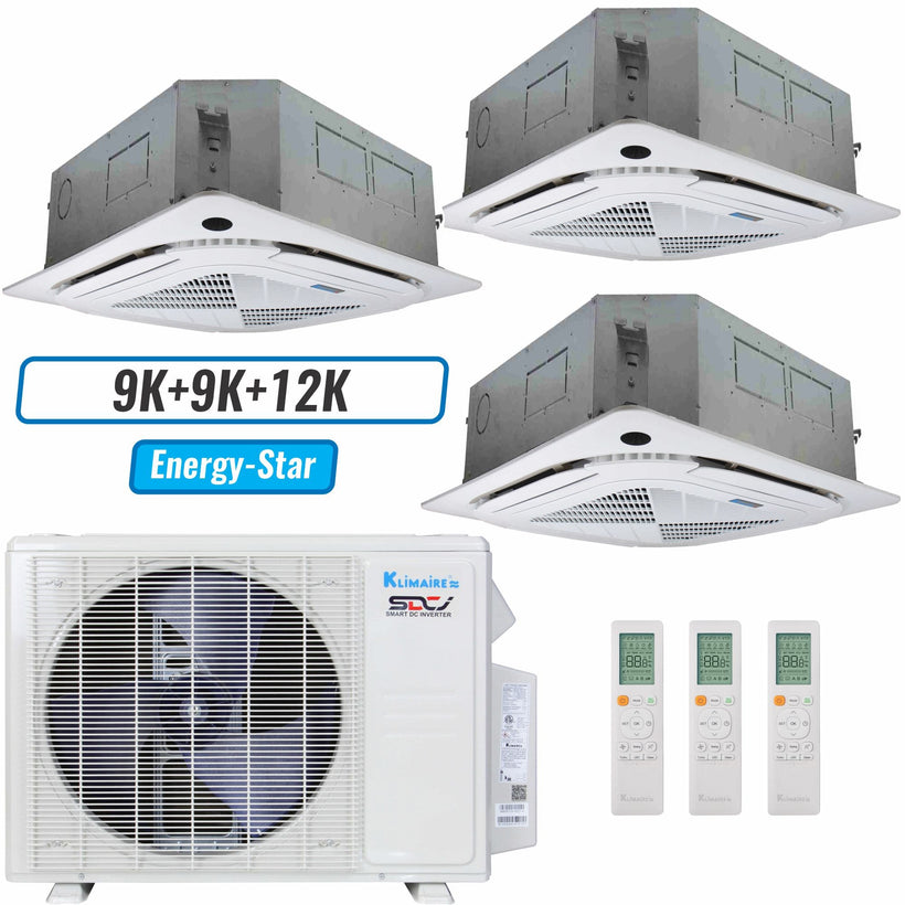 Klimaire 19,000 BTU Hyper Heat Ceiling Cassette Mini Split Heat Pump | 23 SEER2 | 9k + 9k + 12k | R454B