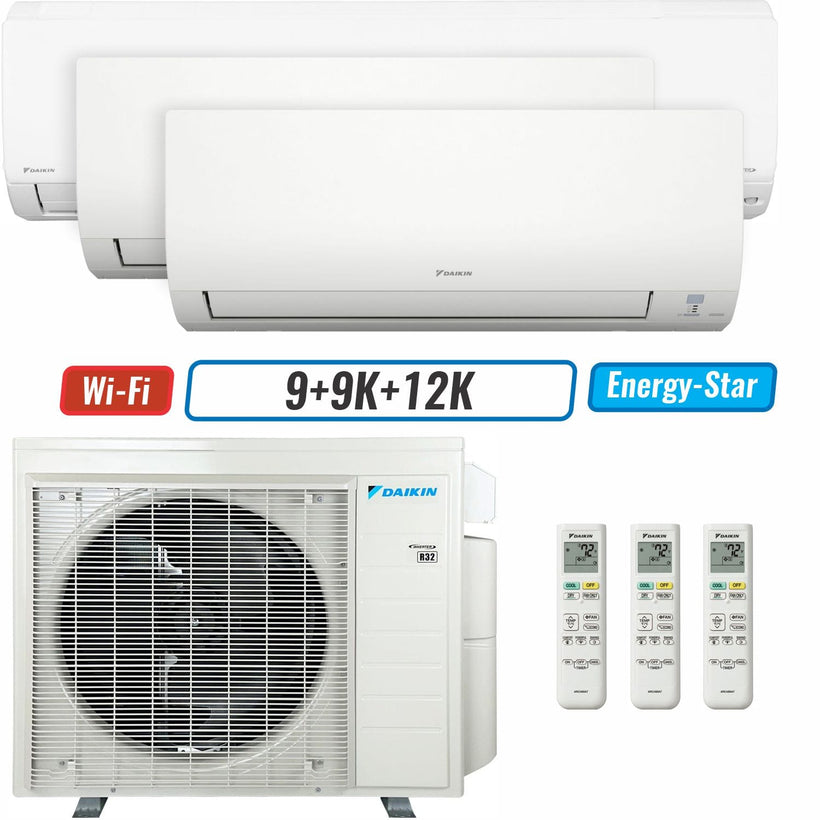 3 - Zone - 24,000 BTU 21 SEER2 Daikin MXM Series Wall Mounted Ductless Mini Split Heat Pump Air Conditioner System 9K + 9K + 12K - 230V | R32 | Wi-Fi Enabled