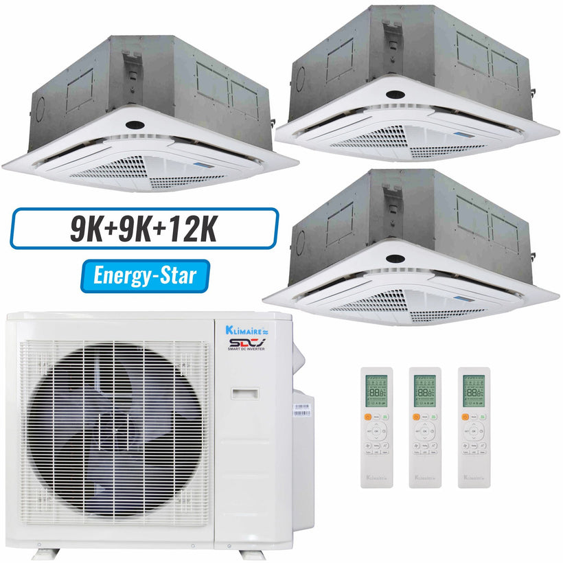Klimaire 27,000 BTU 3-Zone Ceiling Cassette Mini Split Heat Pump | 23 SEER2 | 9k + 9k + 12k | R454B