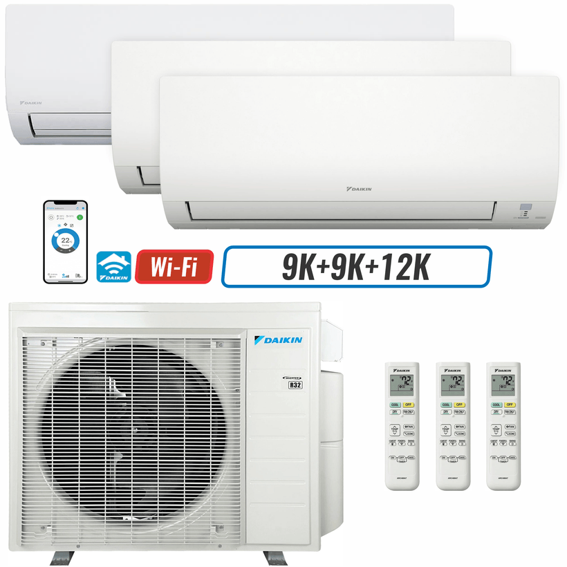 3 - Zone - 36,000 BTU 20 SEER2 Daikin MXM Series Wall Mounted Ductless Mini Split Heat Pump Air Conditioner System 9K + 9K + 12K - 230V | R32 | Wi-Fi Enabled