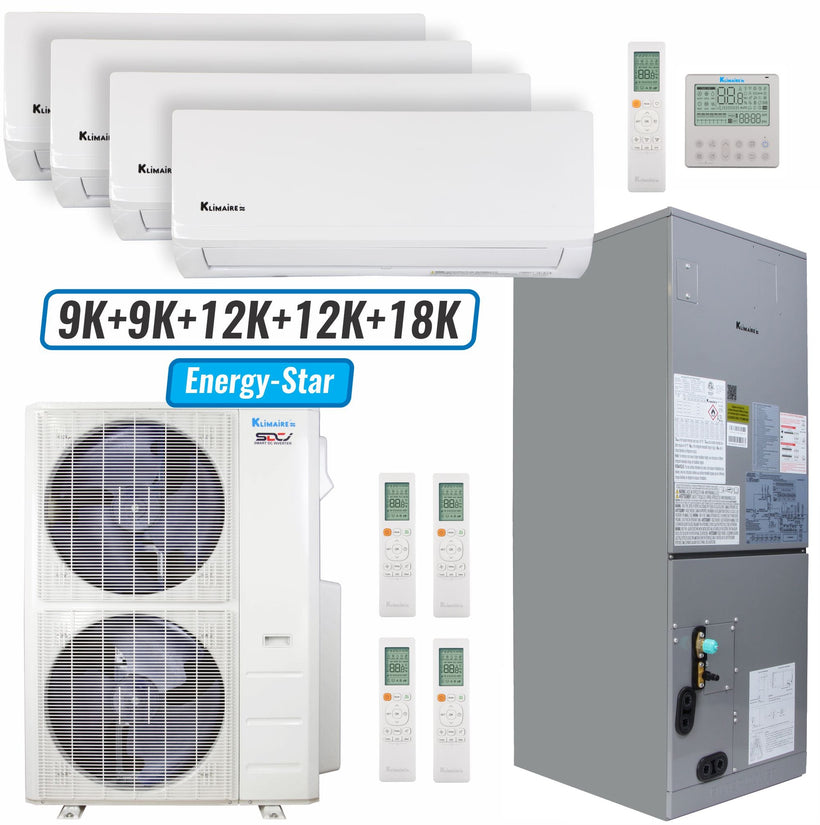 Klimaire 46,000 BTU 5-Zone Wall Mount - Air Handler Mini Split Heat Pump | 20.8 SEER2 | 9k + 9k + 12k + 12k + 18k | R454B