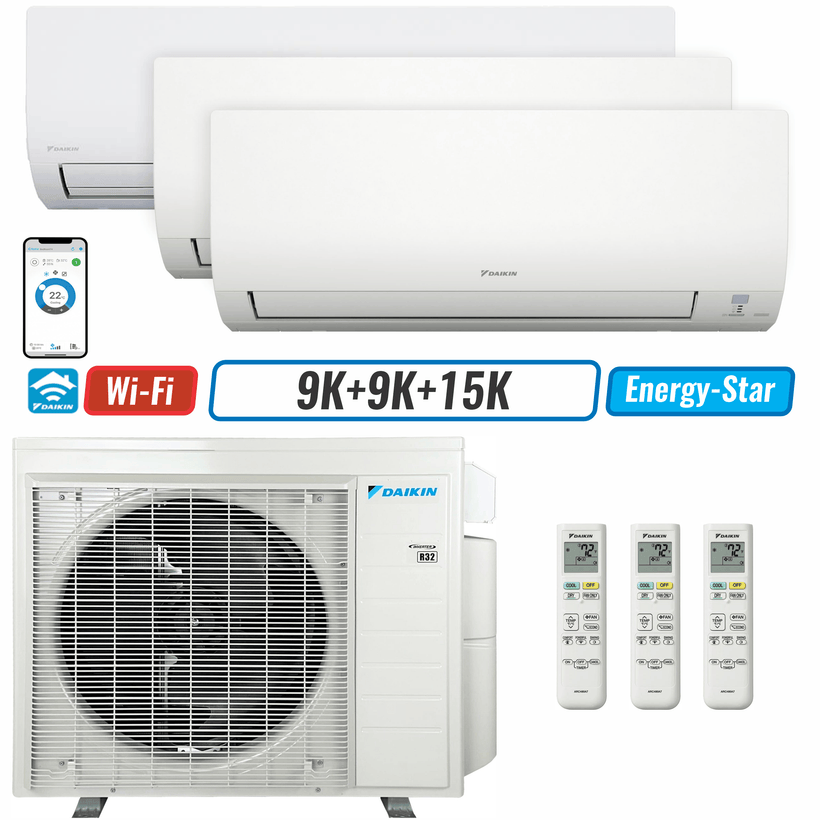 3 - Zone - 24,000 BTU 21 SEER2 Daikin MXM Series Wall Mounted Ductless Mini Split Heat Pump Air Conditioner System 9K + 9K + 15K - 230V | R32 | Wi-Fi Enabled