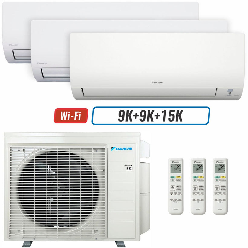 3 - Zone - 36,000 BTU 20 SEER2 Daikin MXM Series Wall Mounted Ductless Mini Split Heat Pump Air Conditioner System 9K + 9K + 15K - 230V | R32 | Wi-Fi Enabled