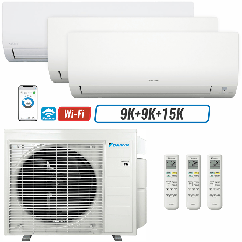 3 - Zone - 36,000 BTU 20 SEER2 Daikin MXM Series Wall Mounted Ductless Mini Split Heat Pump Air Conditioner System 9K + 9K + 15K - 230V | R32 | Wi-Fi Enabled