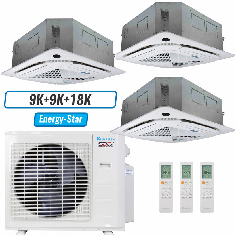 Klimaire 27,000 BTU 3-Zone Ceiling Cassette Mini Split Heat Pump | 23 SEER2 | 9k + 9k + 18k | R454B