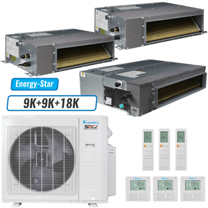Klimaire 27,000 BTU 3-Zone Ducted Recessed Mini Split Heat Pump | 21 SEER2 | 9k + 9k + 18k | R454B