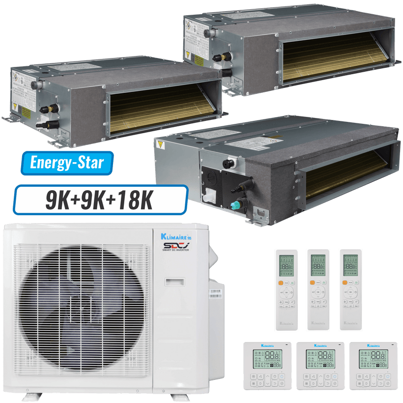 Klimaire 27,000 BTU 3-Zone Ducted Recessed Mini Split Heat Pump | 21 SEER2 | 9k + 9k + 18k | R454B