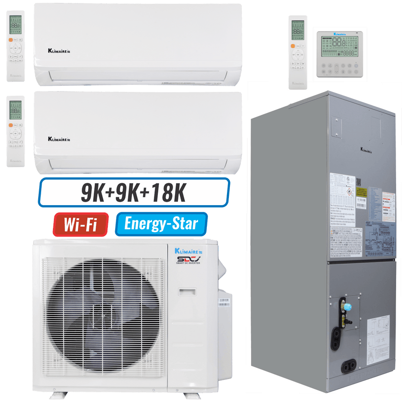 Klimaire 27,000 BTU 3-Zone Hyper Heat Wall Mount - Air Handler Mini Split Heat Pump | 22 SEER2 | 9k + 9k + 18k | R454B
