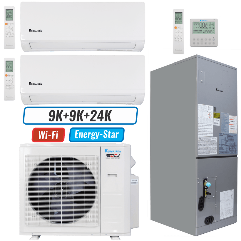 Klimaire 27,400 BTU 3-Zone Wall Mount - Air Handler Mini Split Heat Pump | 20 SEER2 | 9k + 9k + 24k | R454B