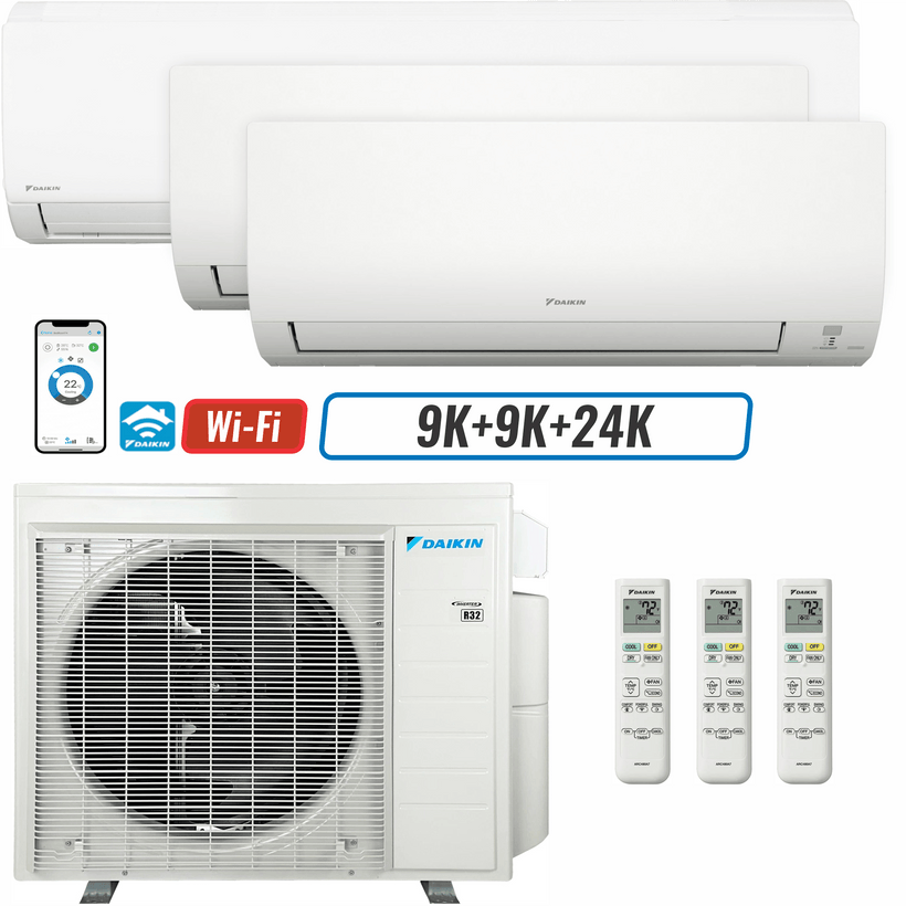 3 - Zone - 36,000 BTU 20 SEER2 Daikin MXM Series Wall Mounted Ductless Mini Split Heat Pump Air Conditioner System 9K + 9K + 24K - 230V | R32 | Wi-Fi Enabled