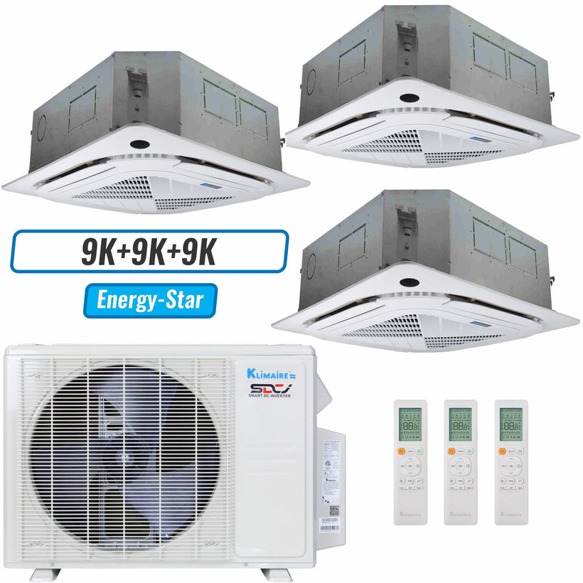 Klimaire 19,000 BTU 3-Zone Hyper Heat Ceiling Cassette Mini Split Heat Pump | 23 SEER2 | 9k + 9k + 9k | R454B