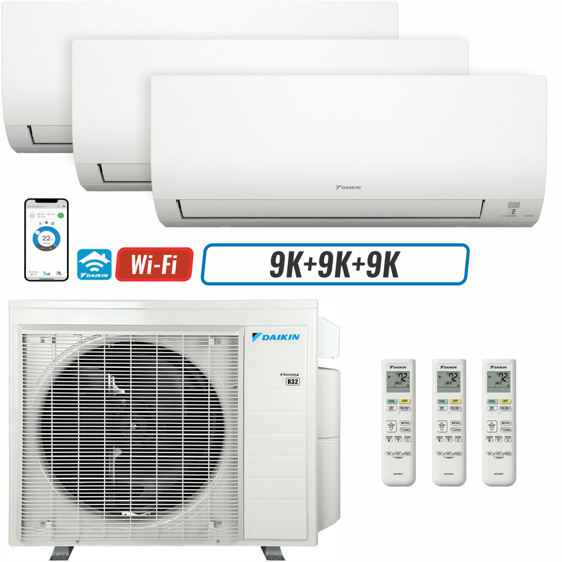 3 - Zone - 36,000 BTU 20 SEER2 Daikin MXM Series Wall Mounted Ductless Mini Split Heat Pump Air Conditioner System 9K + 9K + 9K - 230V | R32 | Wi-Fi Enabled