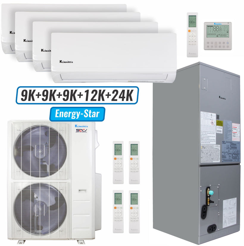 Klimaire 46,000 BTU 5-Zone Wall Mount - Air Handler Mini Split Heat Pump | 20.8 SEER2 | 9k + 9k + 9k + 12k + 24k | R454B