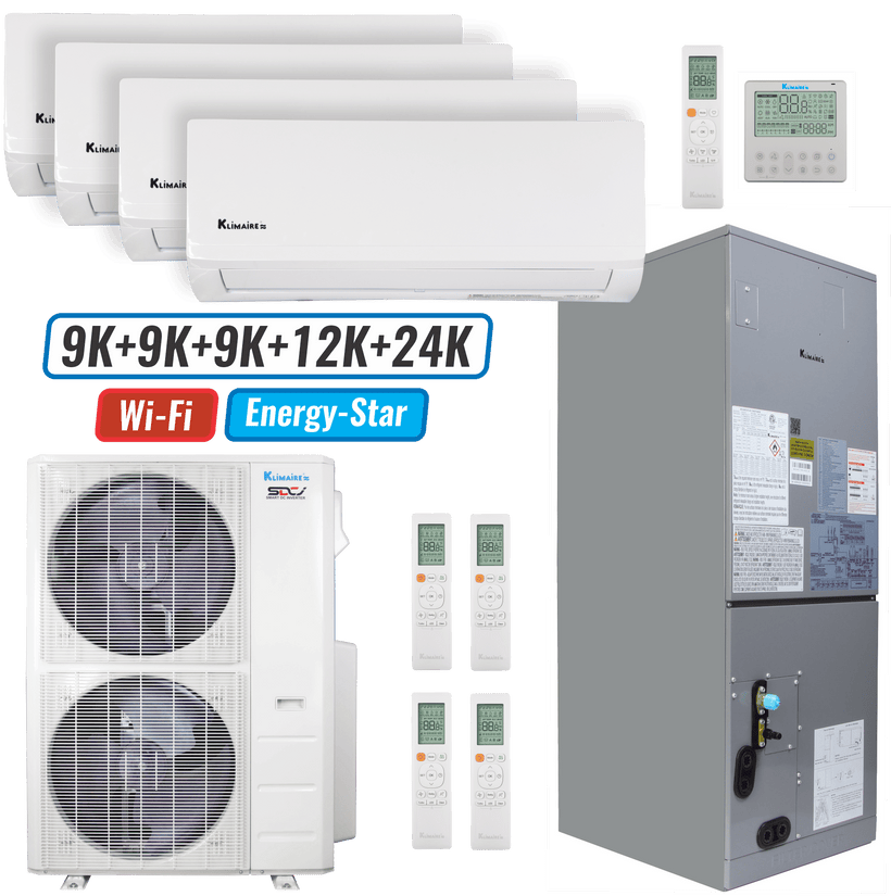 Klimaire 60,000 BTU 5-Zone Wall Mount - Air Handler Mini split Heat Pump | 20.7 SEER2 | 9k + 9k + 9k + 12k + 24k | R454B