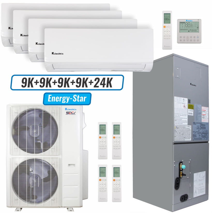 Klimaire 46,000 BTU 5-Zone Wall Mount - Air Handler Mini Split Heat Pump | 20.8 SEER2 | 9k + 9k + 9k + 9k + 24k | R454B