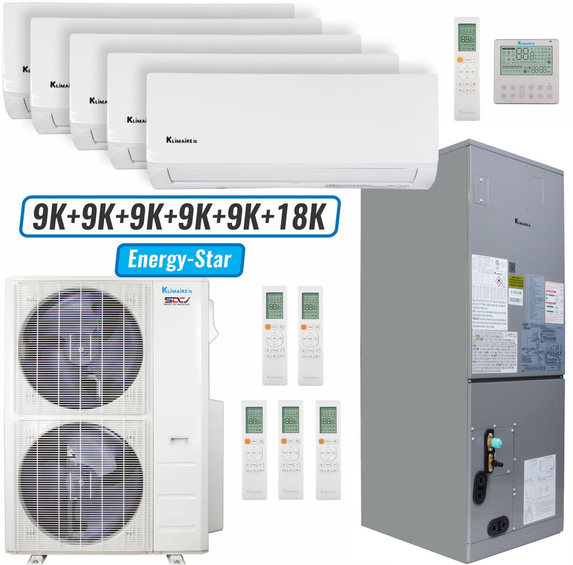 Klimaire 46,000 BTU 6-Zone Wall Mount - Air Handler Mini Split Heat Pump | 20.8 SEER2 | 9k + 9k + 9k + 9k + 9k + 18k | R454B
