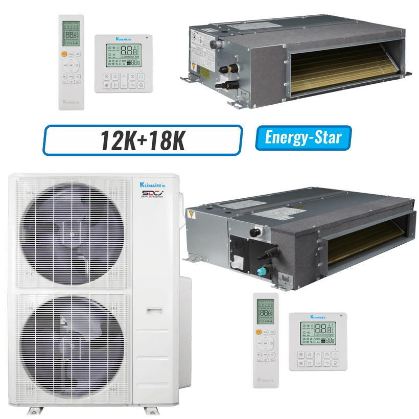 Klimaire 45,000 BTU 2-Zone Ducted Recessed Mini Split Heat Pump | 20.4 SEER2 | 12k + 18k | R454B