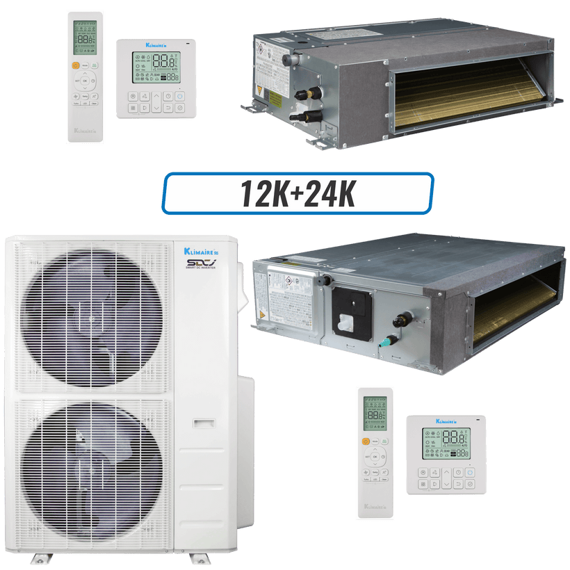 Klimaire 60,000 BTU 2-Zone Ducted Recessed Mini Split Heat Pump | 18 SEER2 | 12k + 24k | R454B