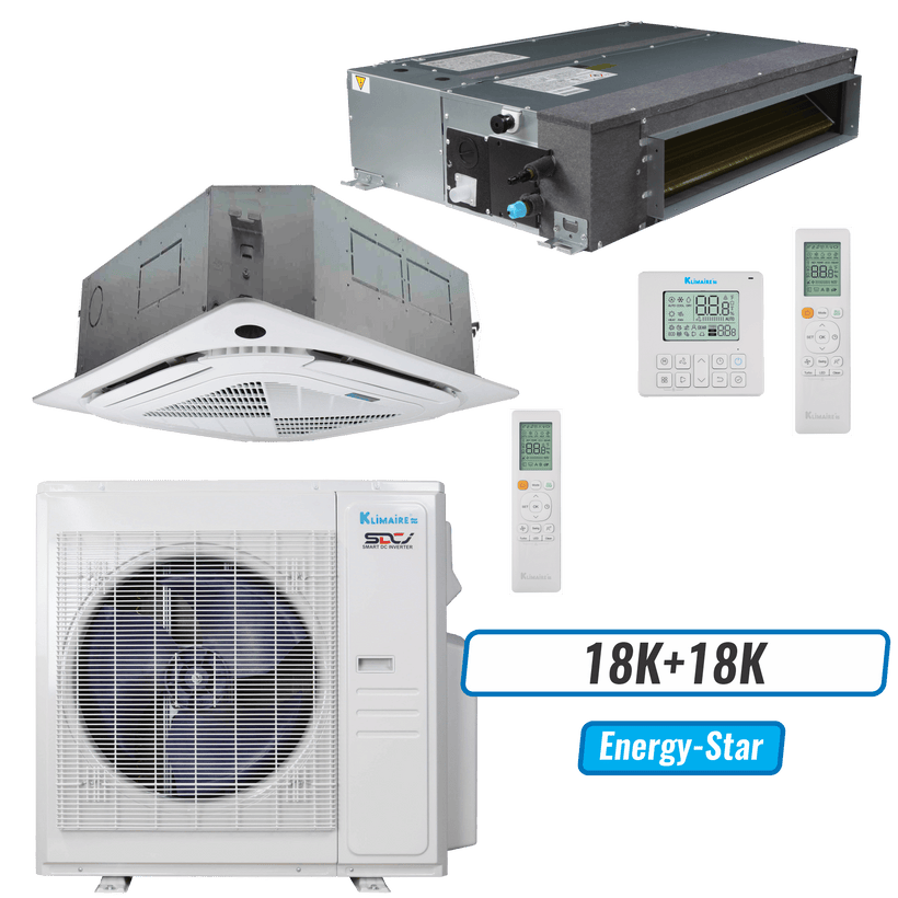 Klimaire 35,000 BTU 2-Zone Ceiling Cassette Ducted Concealed Mini Split Heat Pump | 20 SEER2 | 18k + 18k | R454B