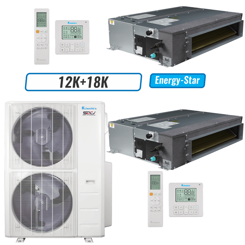 Klimaire 45,000 BTU 2-Zone Ducted Recessed Mini Split Heat Pump | 20.4 SEER2 | 18k + 18k | R454B