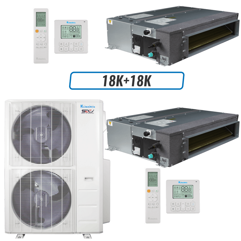 Klimaire 60,000 BTU 2-Zone Ducted Recessed Mini Split Heat Pump | 18 SEER2 | 18k + 18k | R454B